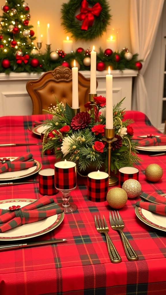 Christmas table setting with plaid decorations, candles, and a festive centerpiece.